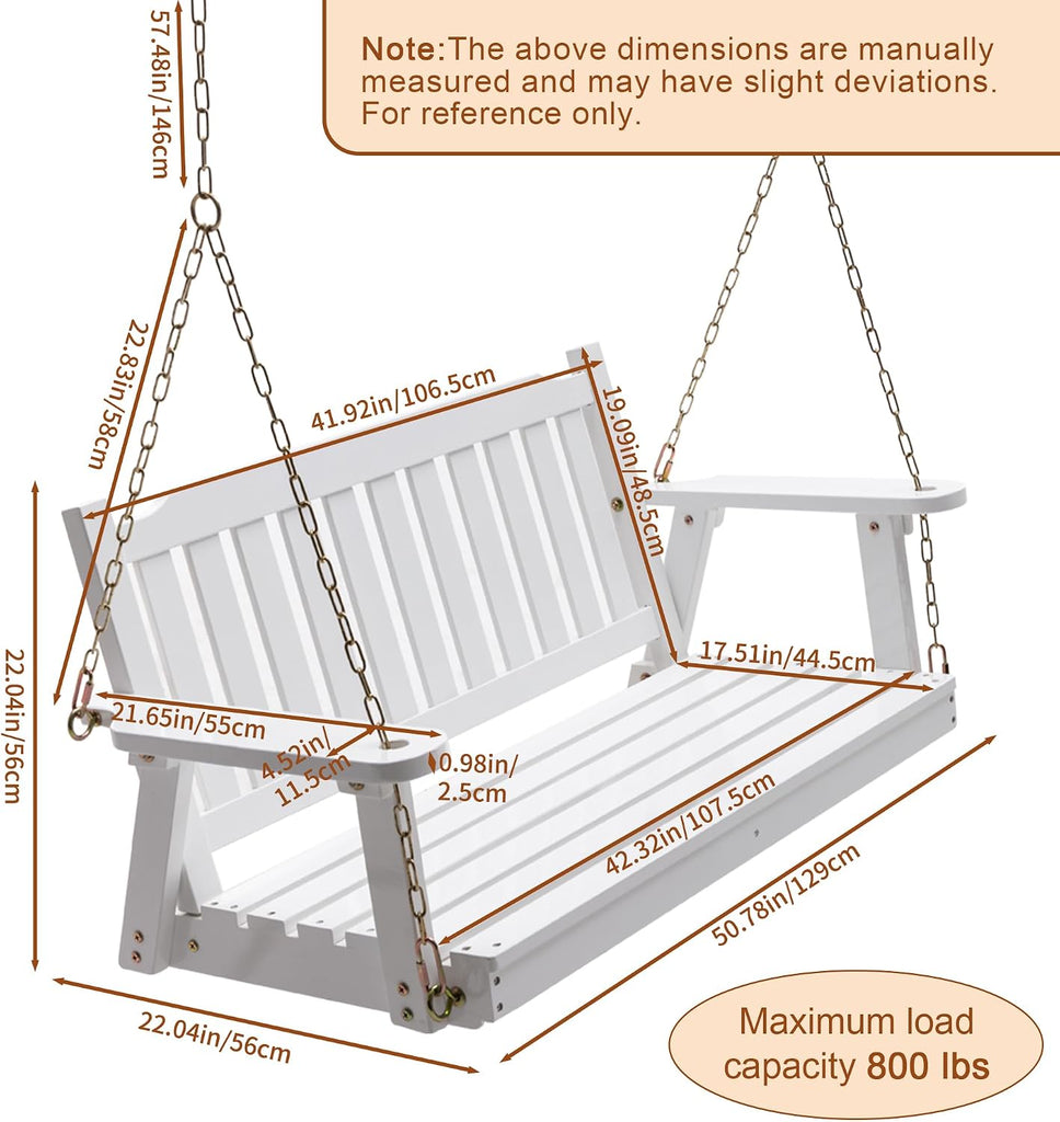 Wooden Porch Swing 2-Seater Bench Swing with Hanging Chains Heavy Duty 800 LBS for Outdoor Patio Garden Yard, Large 4