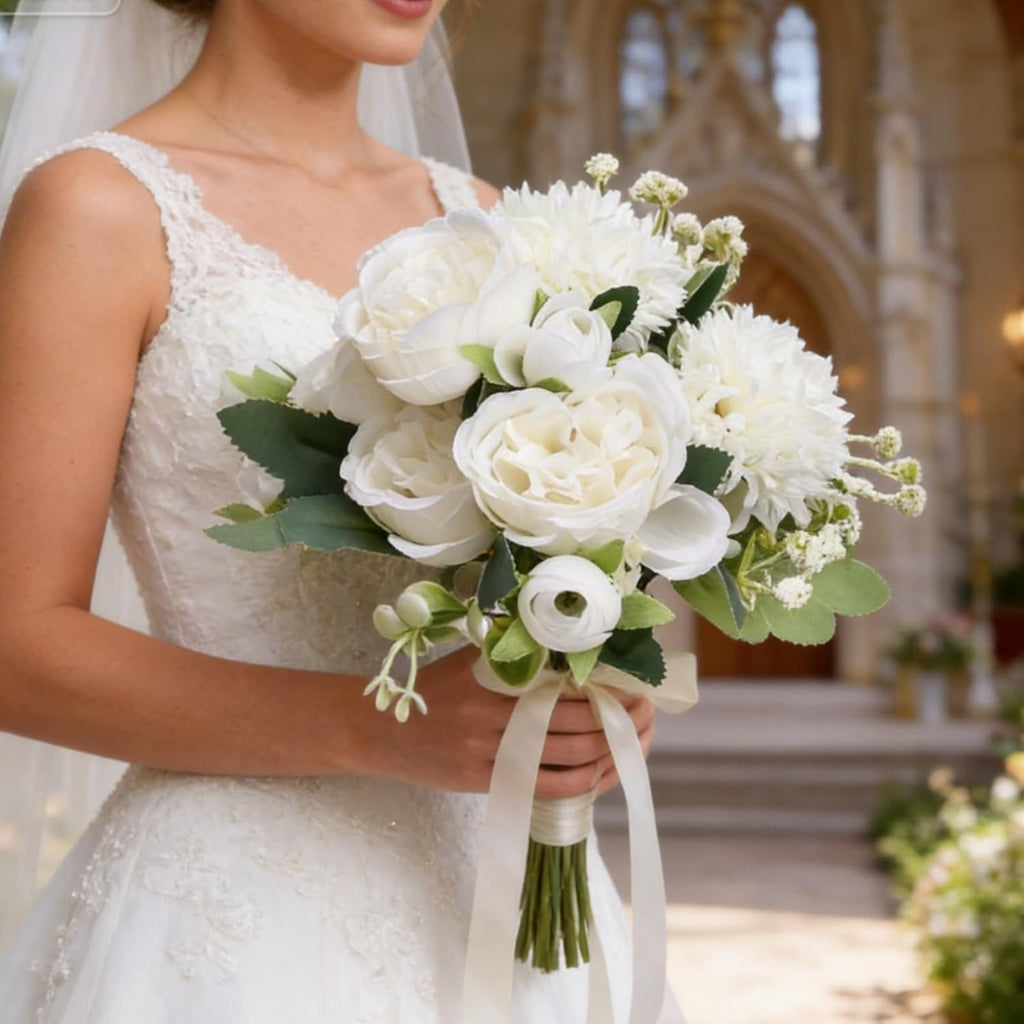 16 Bundles Peonies Artificial Flowers Bulk - White | Silk Faux Peony, Floral Arrangements Fake Peonies, for DIY