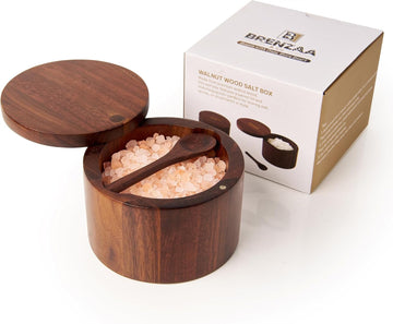 Natural Wood Salt Cellar Salt Box with Magnetic Lid & Spoon, 6 Oz