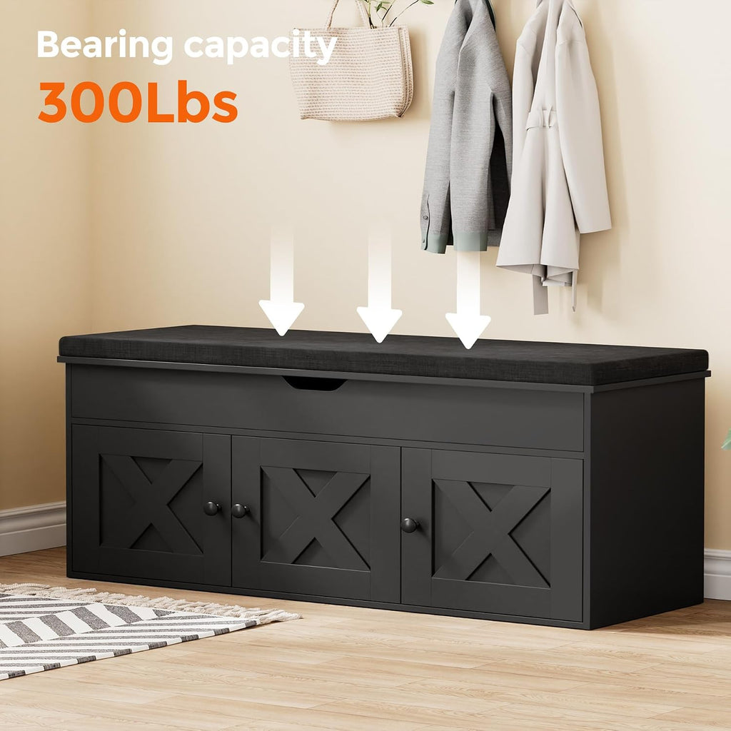 Shoe Storage Bench with Lift Top & 3 Barn Doors, Entryway Bench with Removable Cushion, Adjustable Shelf, Hidden