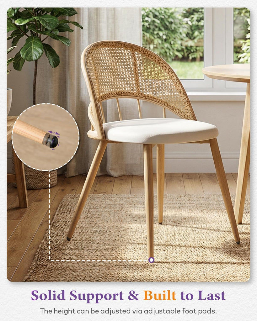 Rattan Dinner Chairs Set of 4 with Faux Leather Cushion, Modern Dining Room Chairs w/Adjustable Foot Pads, Kitchen