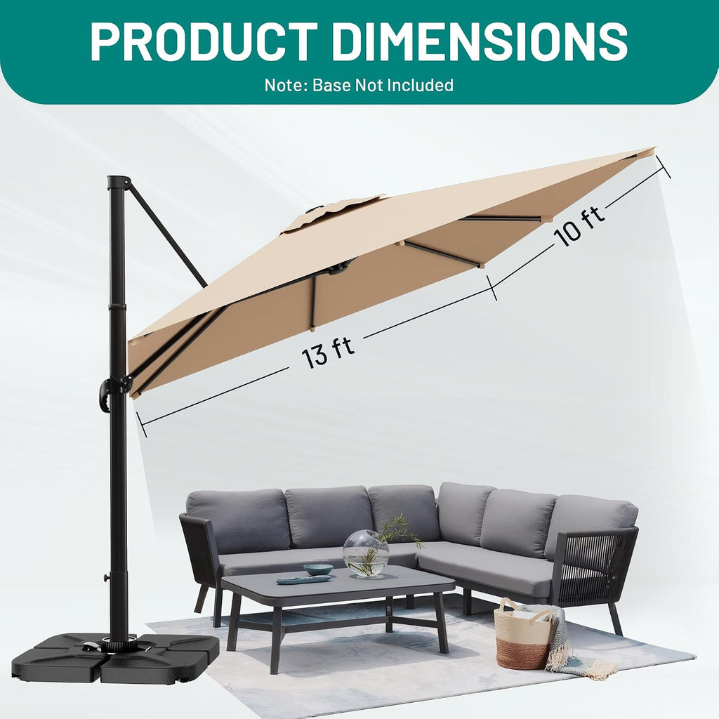 10 X 13 FT Cantilever Patio Umbrella, 360-Degree Rotation Rectangular Offset Umbrella with Crank