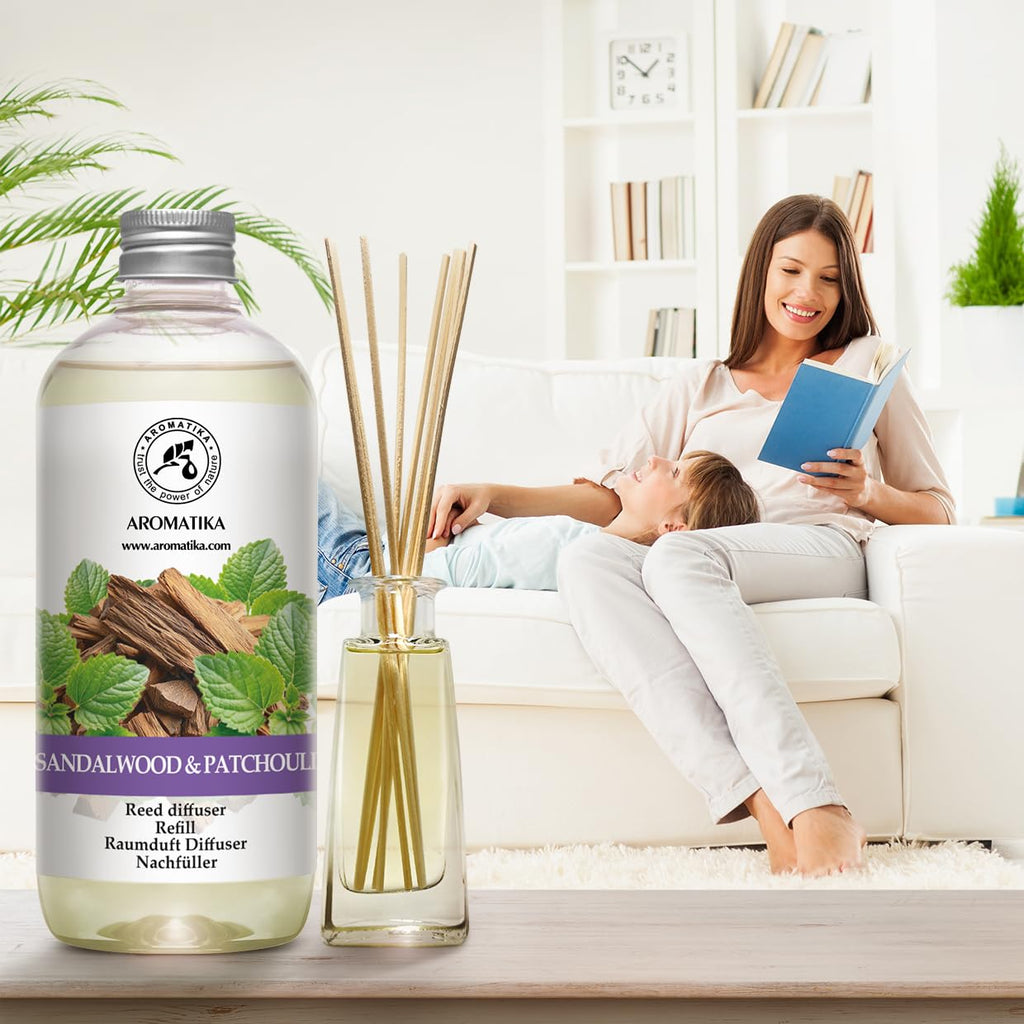 Reed Diffuser Refill Sandalwood - Patchouli 17 Fl Oz - Scented Diffuser Refill with Patchouli Essential Oil - Home