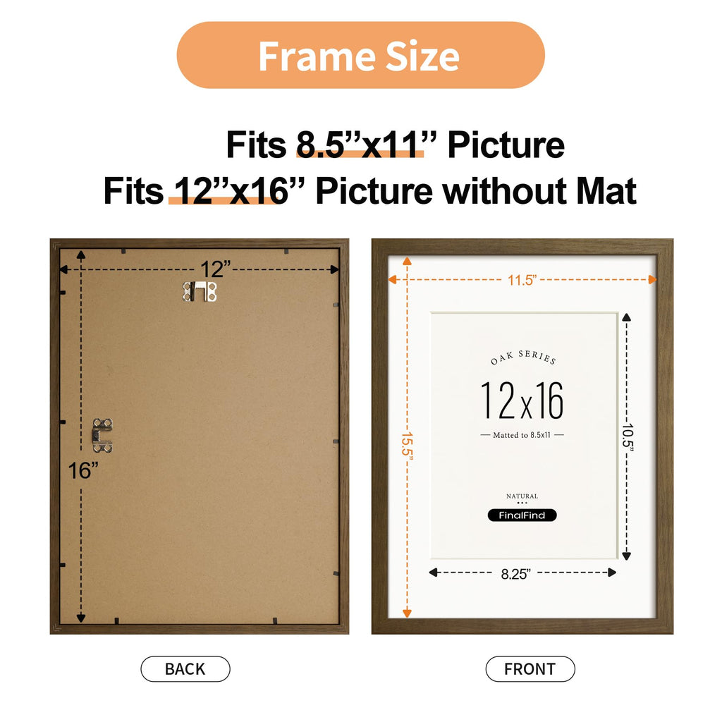 Minimalist 12x16 Picture Frame with Mat for 8.5x11, Brown Walnut, Solid Wood 12x16 Frame for Posters or Art Prints