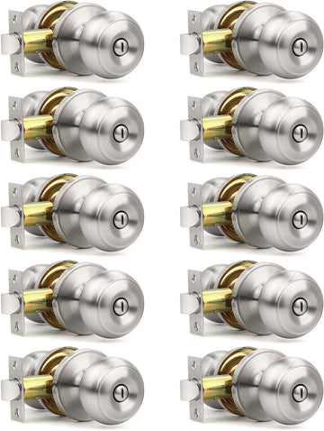 10 Pack Brushed Nickel Privacy Door Knobs Interior, Classic Round Shape Stain Nickel Bedroom Doorknobs with Lock