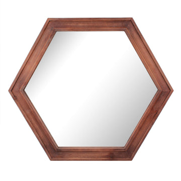 Decorative 24" Hexagon Wall Mirror with Redwood Frame and Attached Hanging Bracket, Decorative Country Rustic Decor