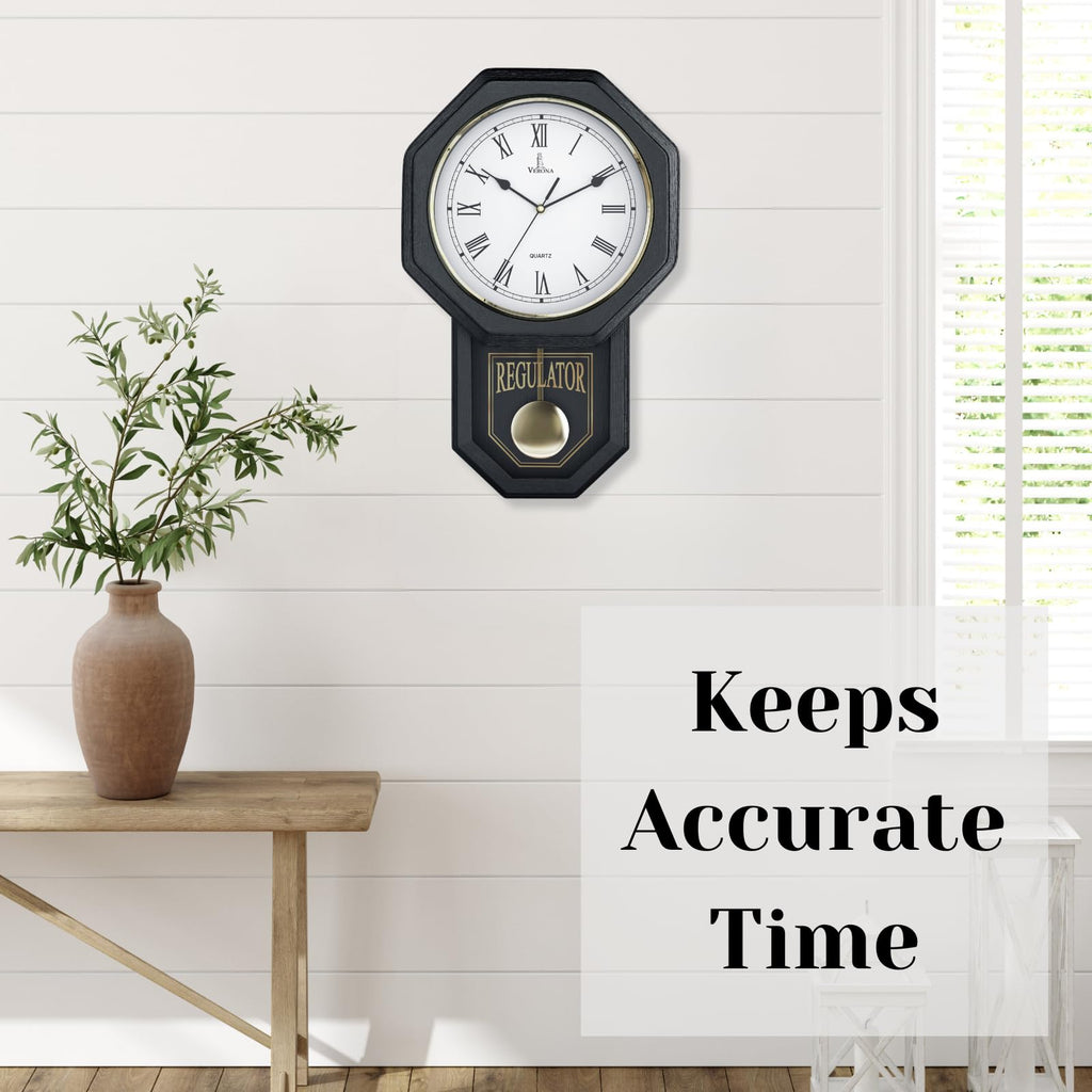 Pendulum Wall Clock, Real Wood Regulator Clock, Black, Quiet Non-Chiming