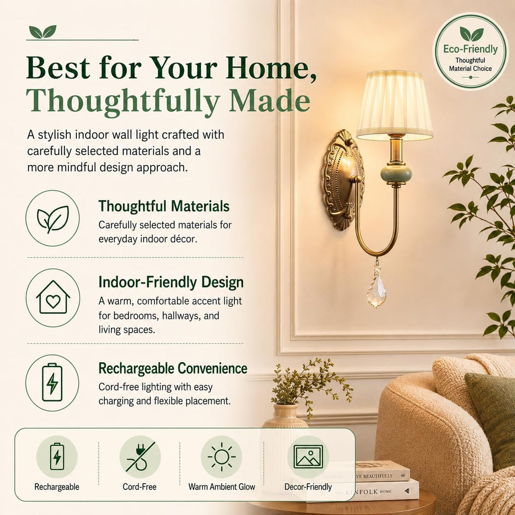 Wireless Battery Operated Antique Brass Wall Sconces Set of 2, 10000mAh Rechargeable Gold Crystal Vintage Fabric