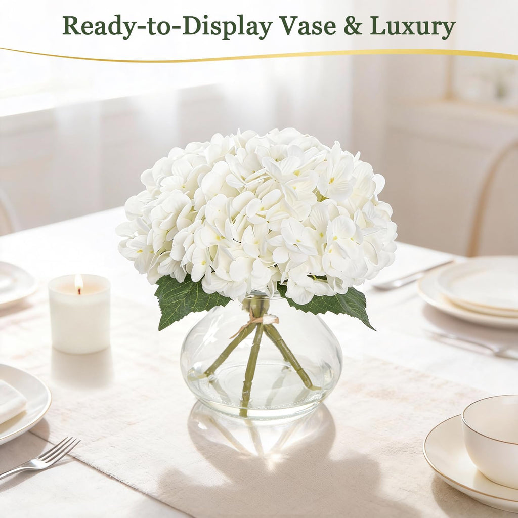 Artificial Hydrangea Flowers with Glass Vase, White Silk Fake Floral Arrangement for Dining, Coffee Table