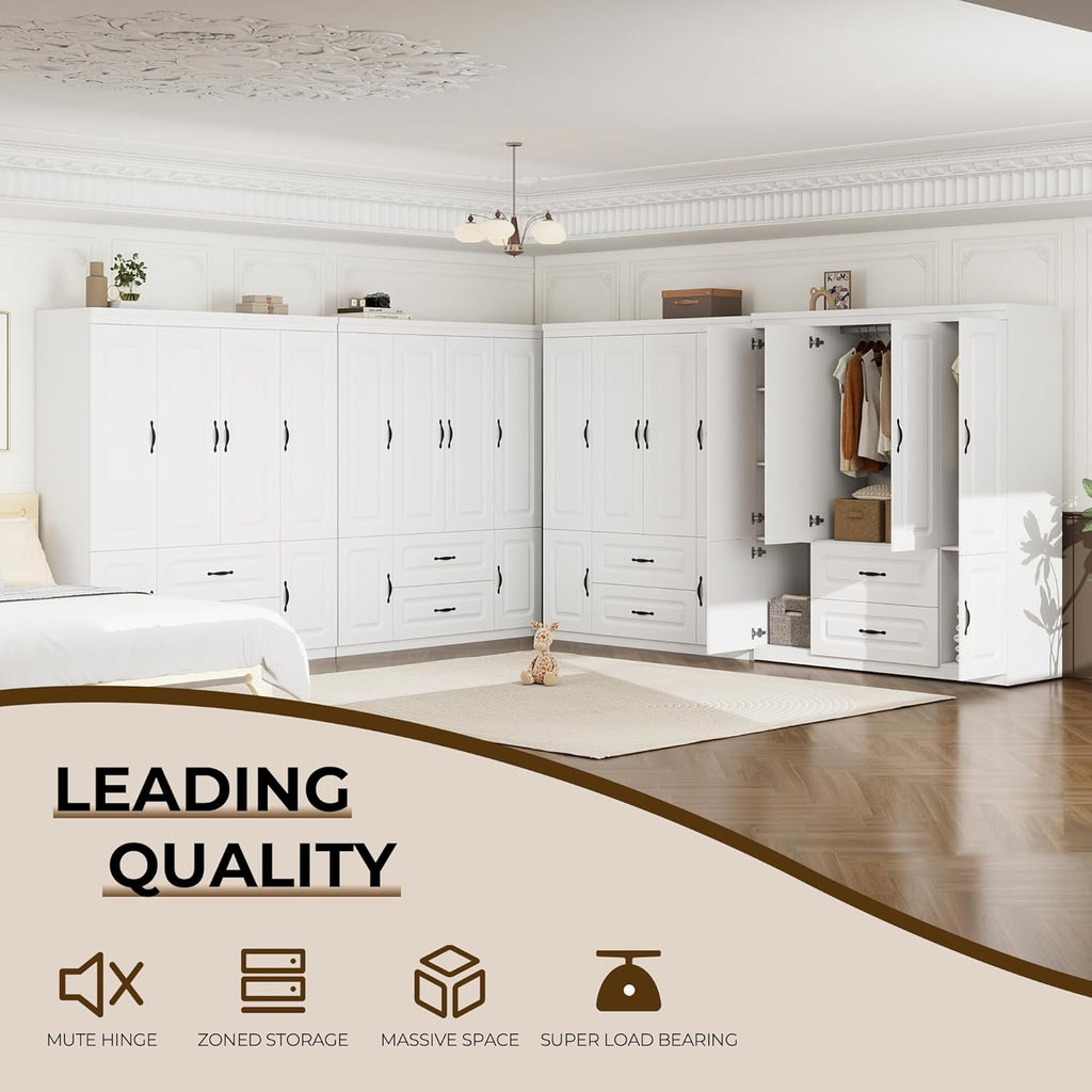 Large Capacity Wardrobe Closet with 2 Drawers White | Spacious Storage Cabinet Organizer , White Armoire Fits Most