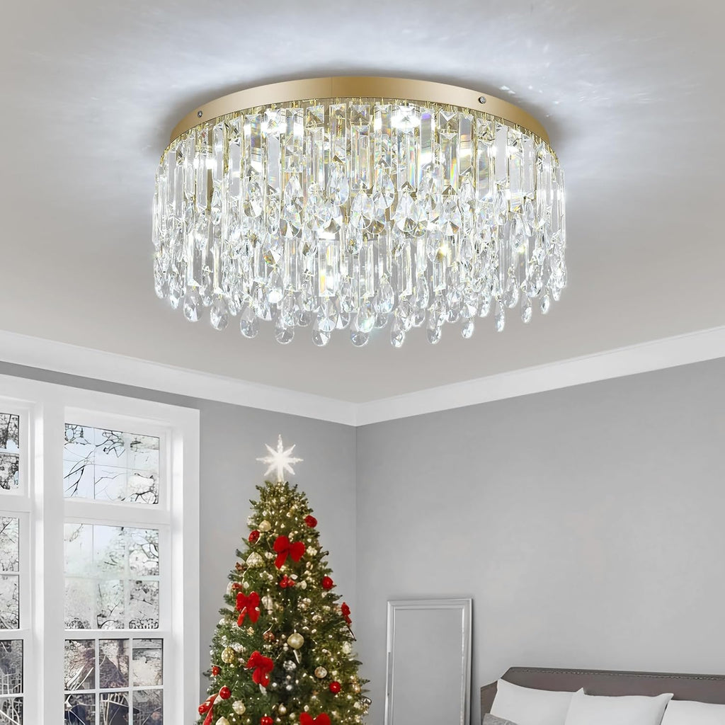 19.7" Gold Crystal Chandelier, Modern Flush Mount Ceiling Light Fixture Luxury Tri-Color LED Lighting for Living Room