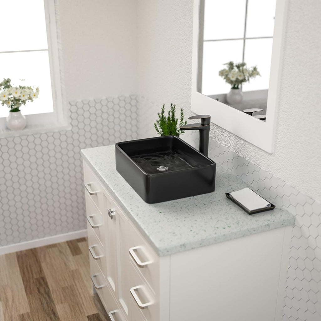 Black Vessel Sink Rectangle, Dcolora 19"x15" Matte Black Bathroom Vessel Sink Rectangular Above Counter Ceramic