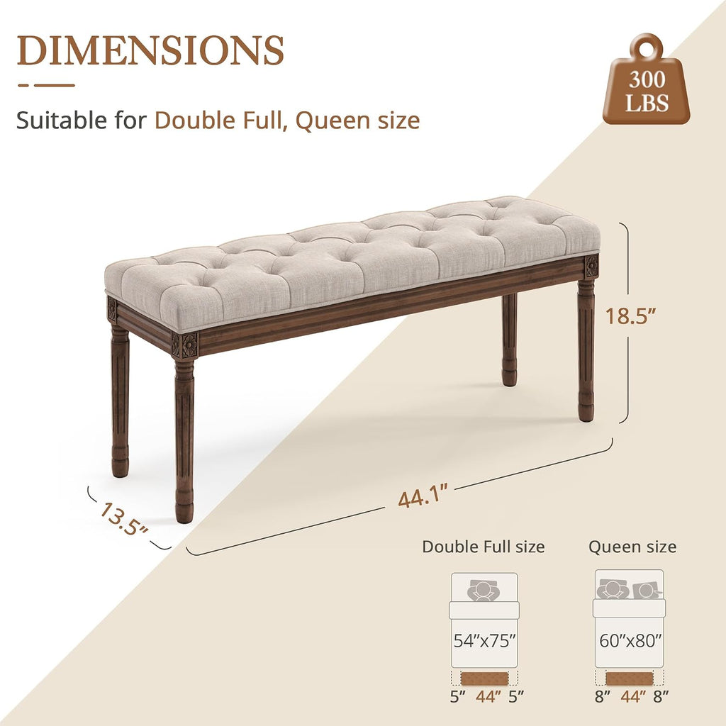 44" Bedroom Bench, Fabric End of Bed Bench, Upholstered French Tufted Ottoman Bench with Carved Dark Brown Wood Legs