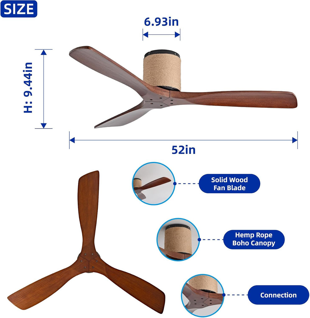 52" Low Profile Ceiling Fan No Light, Boho Farmhouse Flush Mount Ceiling Fan with Remote, Solid Wood Blades