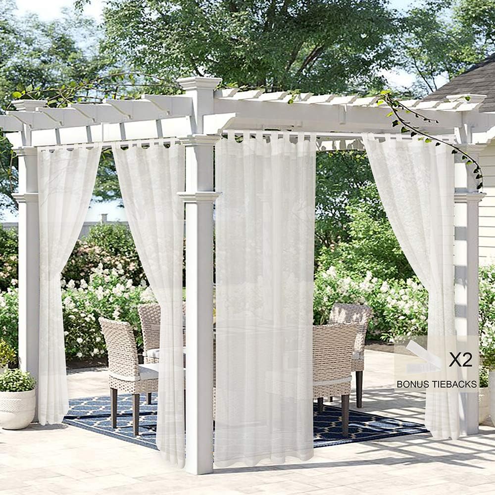 Burlap Linen Look Outdoor Curtains 2 Panels | Waterproof Tab Top Sheer Curtains for Pergola, Porch, Cabana, Gazebo
