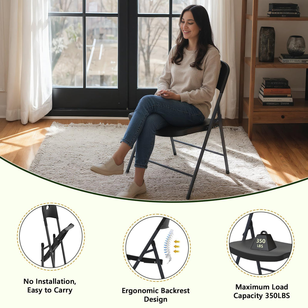 Black Folding Chairs 6 Pack, Outdoor Portable Plastic Foldable Chairs with Metal Frame, 350lbs Capacity Heavy Duty