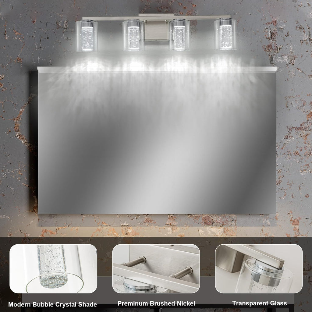 4-Light Brushed Nickel Vanity Light with 3 Color Modes (3000K/4000K/6000K), Eye Protection LED Bathroom Light