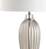 33.5" Smoked Grey Glass/Crystal Table Lamp, Traditional Fluted Glass Column with White Faux Silk Drum Shade