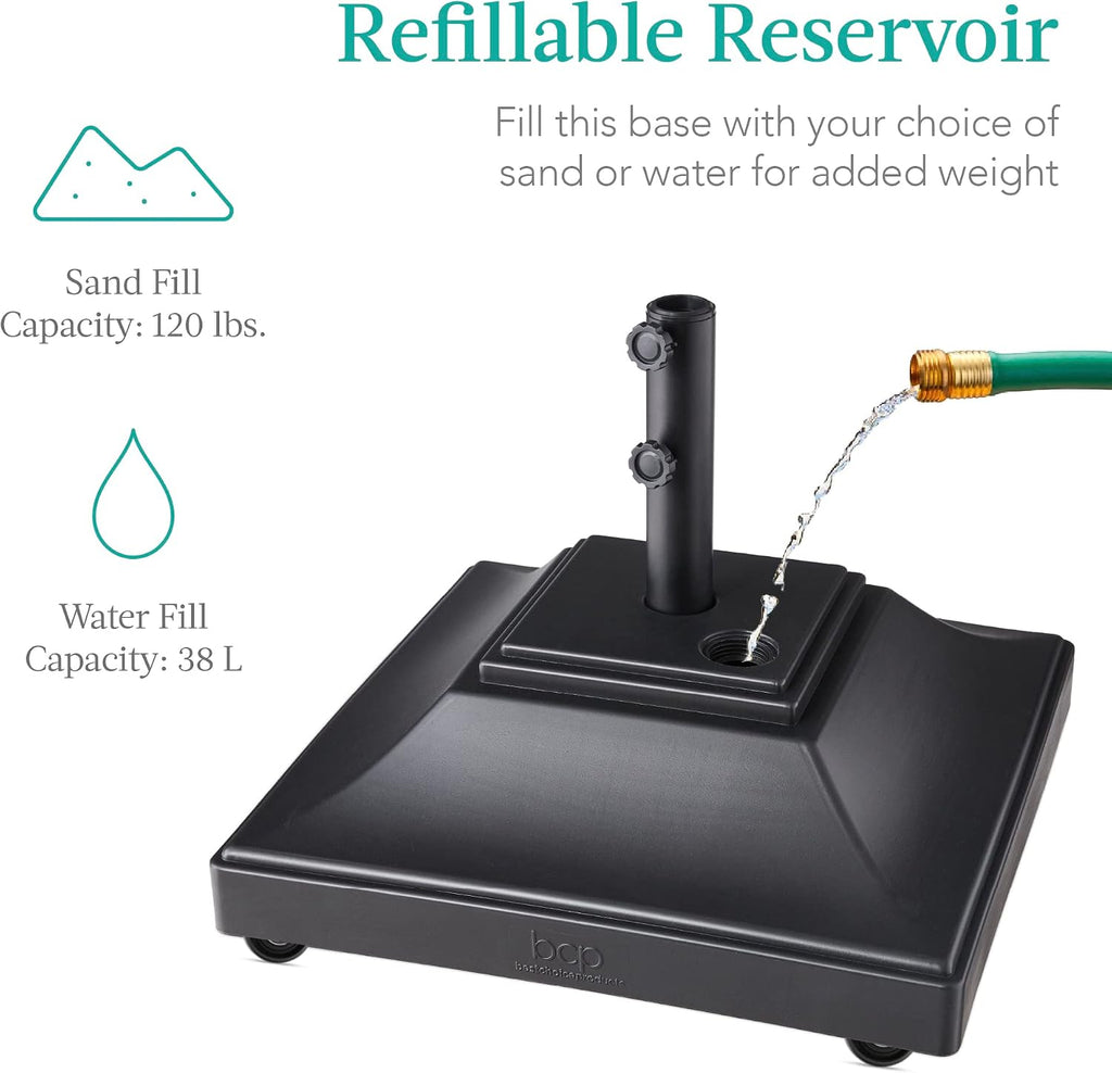 Fillable Mobile Umbrella Base, Heavy Duty Base, Square Tiered Market Stand w/ 4 Wheels, 2 Locks, 2 Knobs