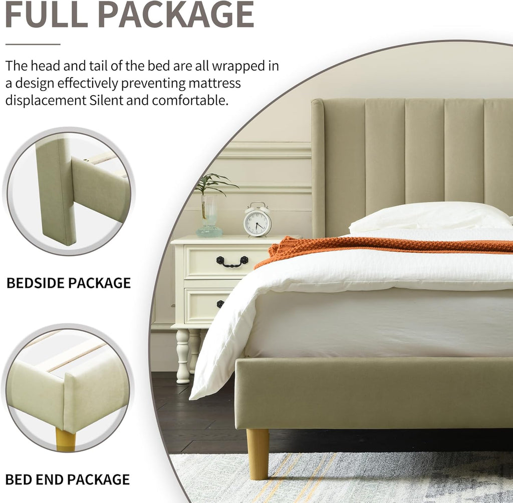 upholstered Platform Bed Frame/Queen Bed Frame/Modern Geometric Double-Wing Design headboard/Linen Fabric/Easy to Assemble no Noise (Beige, Queen (U.S. Standard))