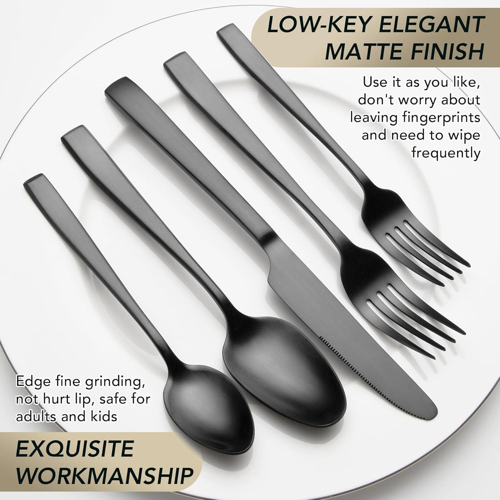 Matte Black Silverware Set, 40-Piece Premium Stainless Steel Black Cutlery Set for 8, Matte Flatware Sets