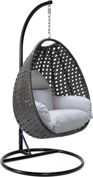 Charcoal Wicker Rattan Hanging Egg Swing Chair for Indoor Outdoor Bedroom Patio with Stand and Cushion (Light Grey)
