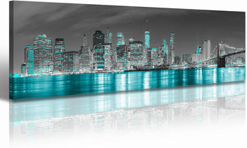 New York Skyline City Wall Art Framed Black and White Turquoise Bedroom Decor Pictures Canvas Prints Manhattan