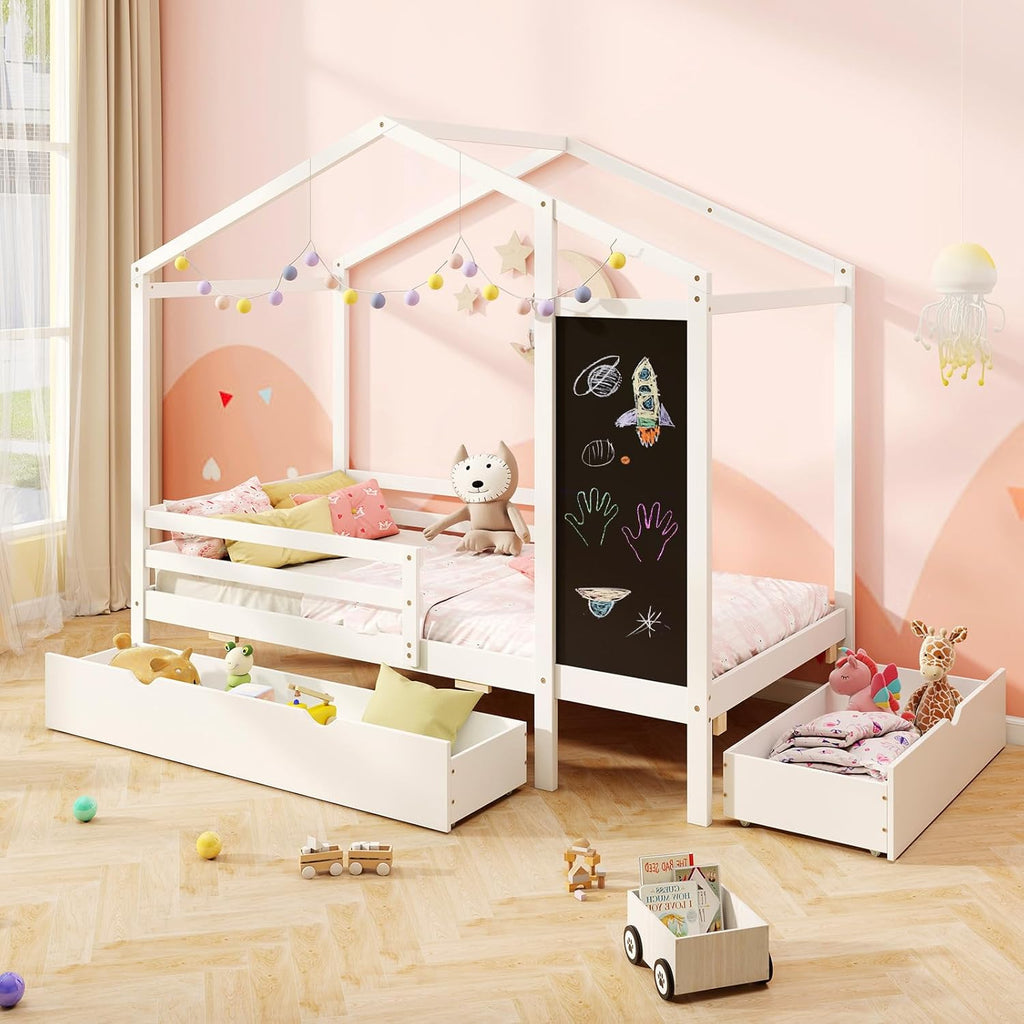 Twin Bed with 2 Storage Drawers, Solid Wood House Bed with Blackboard & Safety Guardrails, Tw Bed w/Slats Support, No