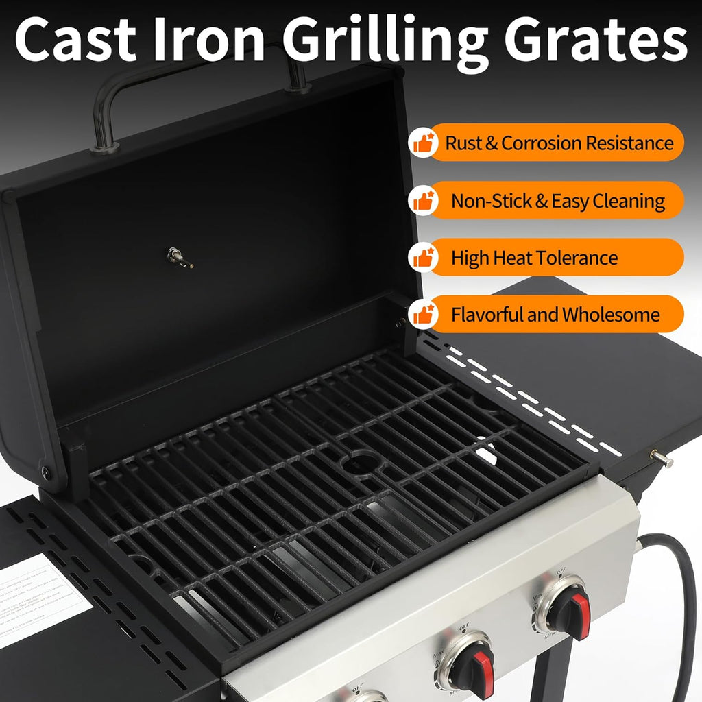 3-Burner Propane Gas Grill, 30,000 BTU BBQ Grill with Cast Iron Grates and Grease Management System