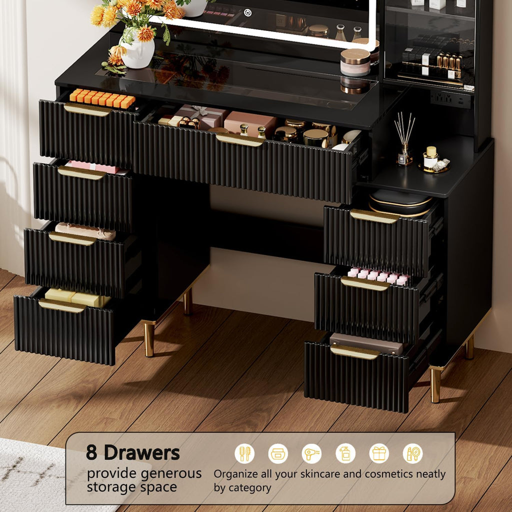Modern Vanity Desk with 31.5" Mirror and Lights,Makeup Vanity Table with 8 Drawers,Makeup Desk with Power