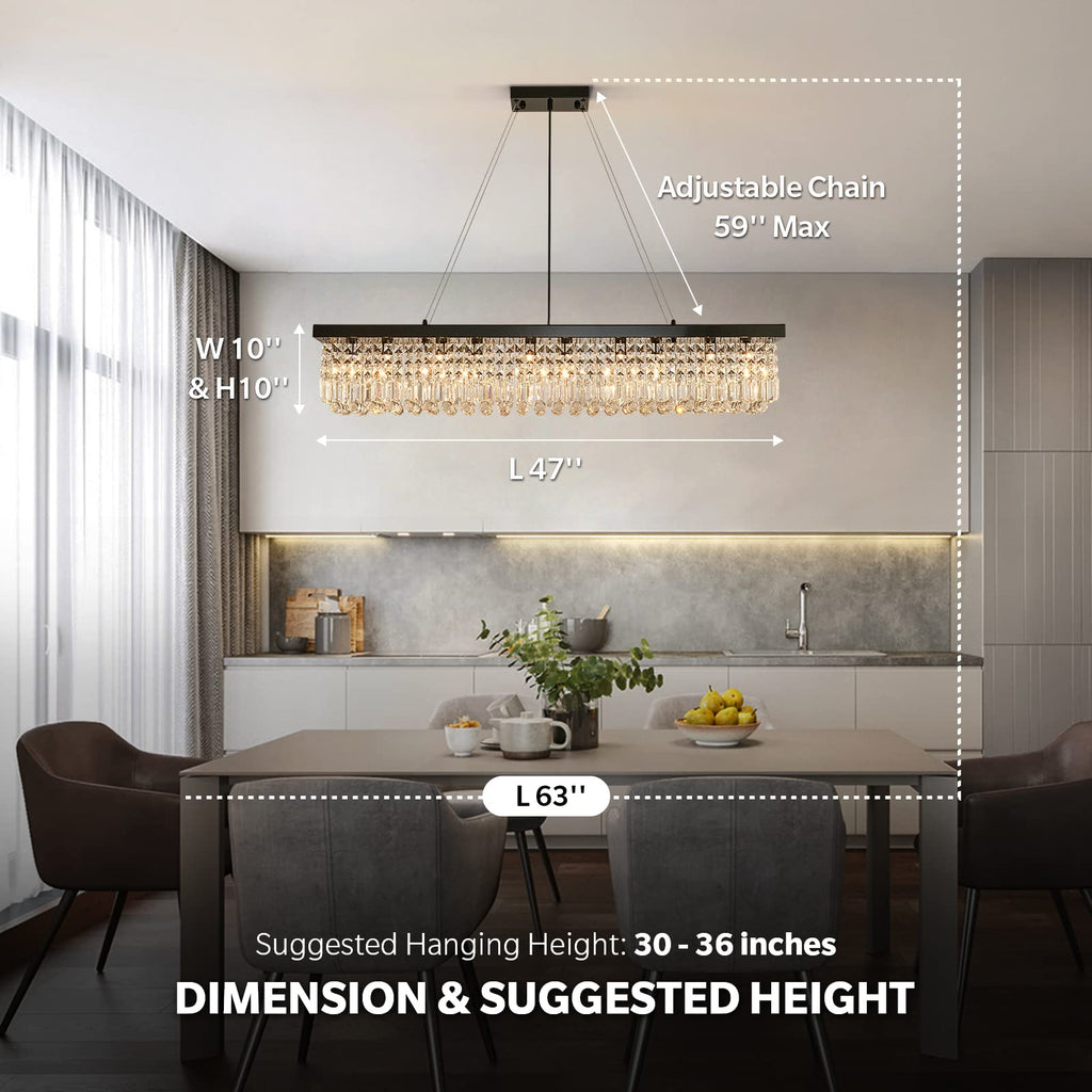 Rectangle K9 Crystal Chandelier Modern Rectangular Pendant Lighting Fixture Kitchen Island Bedroom Black L47'' x