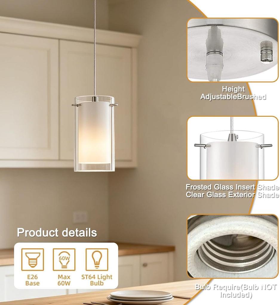 Modern Glass Pendant Light 2 Pack, Adjustable Hanging Kitchen Island Lights Pendant Lighting Fixture Dining Room