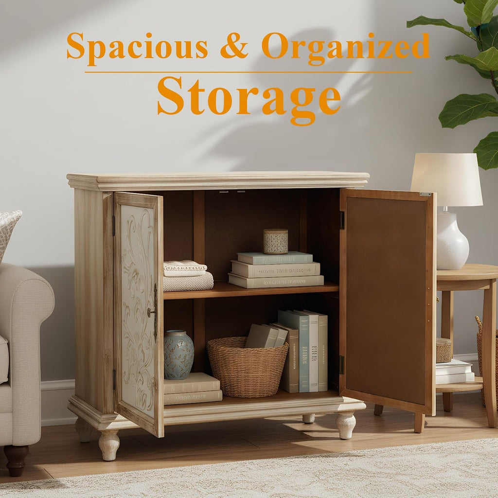 Storage Cabinet, Vintage Distressed Sideboard, Accent Cabinet with 2 Floral-Carved Doors, Buffet Cabinet with