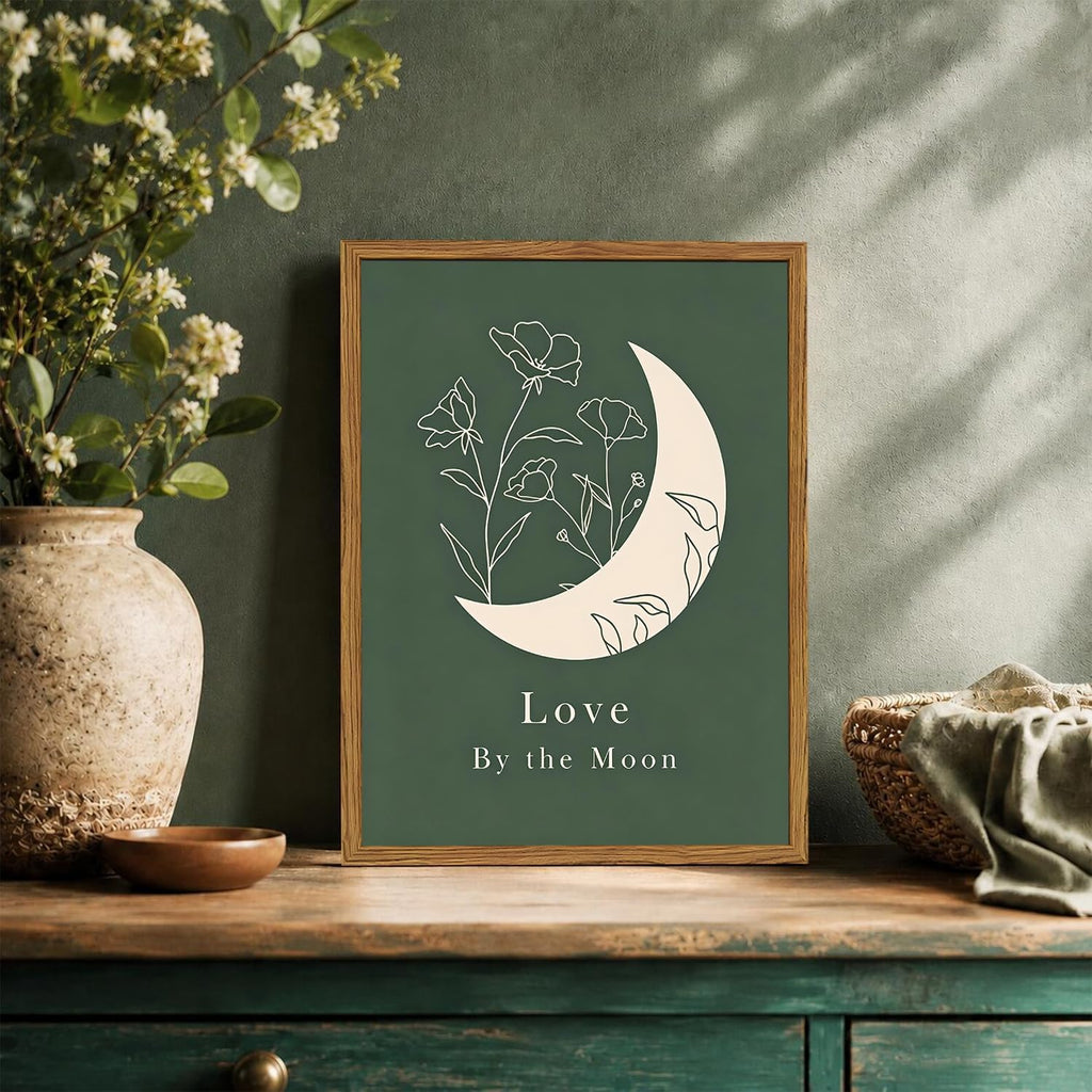 Framed Boho Sun and Moon Wall Art Set of 2, Sage Green Floral Line Pictures Wall Decor, Minimalist Quotes Paintings