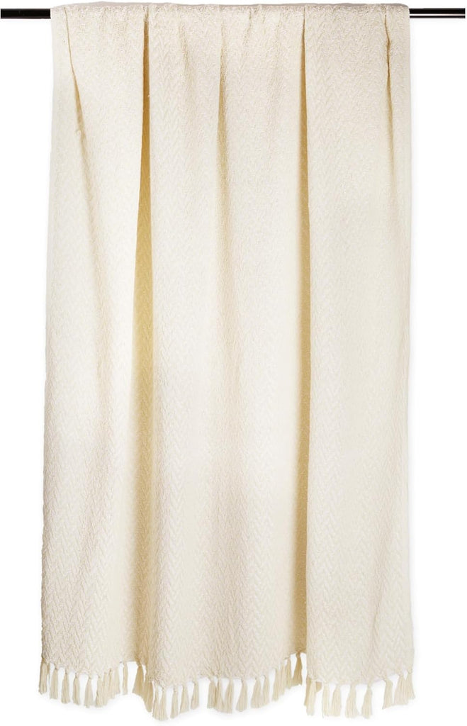 Modern Zig Zag Throw Blanket Woven Cotton, Hand-Knotted 2.5" Fringe, 50x60, Natural