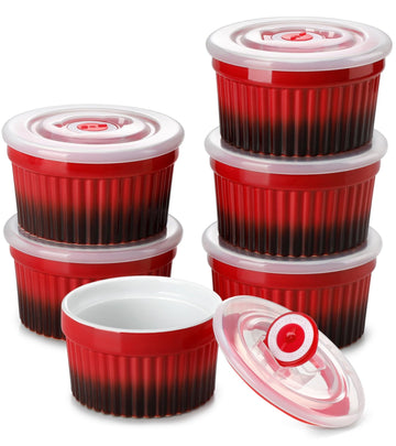 6 oz with Lid, Porcelain Creme Brulee Souffle Dishes, Red Pudding Custard Cups Ramiken for Baking, Dishwasher and