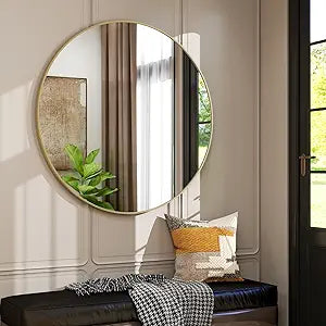 42 Inch Round Bathroom Mirror - Gold Wall Mounted Circle Mirror with Metal Frame, Modern Round Hanging Mirror Suitable,
