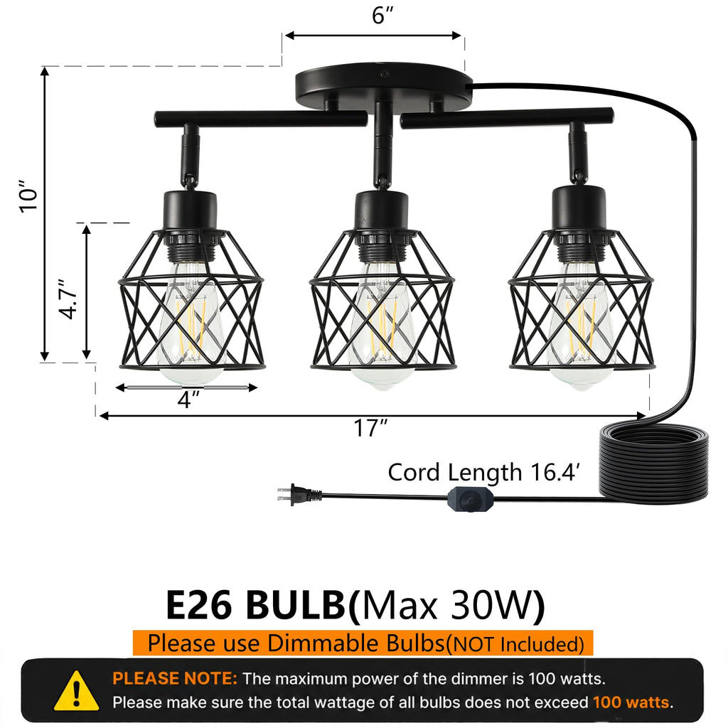 Dimmable Plug in Ceiling Light,Plug in Track Lighting,3 Light Black Industrial Farmhouse Ceiling Light with 16.5'