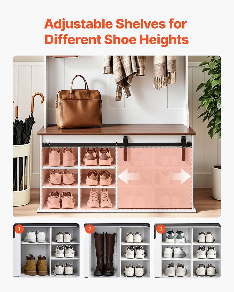 Hall Tree with Bench and Shoe Storage, 42" Wide, Entryway Hall Tree with Bench, Hanging Hooks, Storage Shelves
