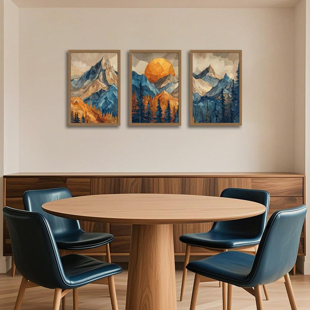 Mountain Wall Art Set of 3 Framed, Abstract Landscape Canvas Prints with Sunset Forest, Boho Nordic Nature Wall Decor