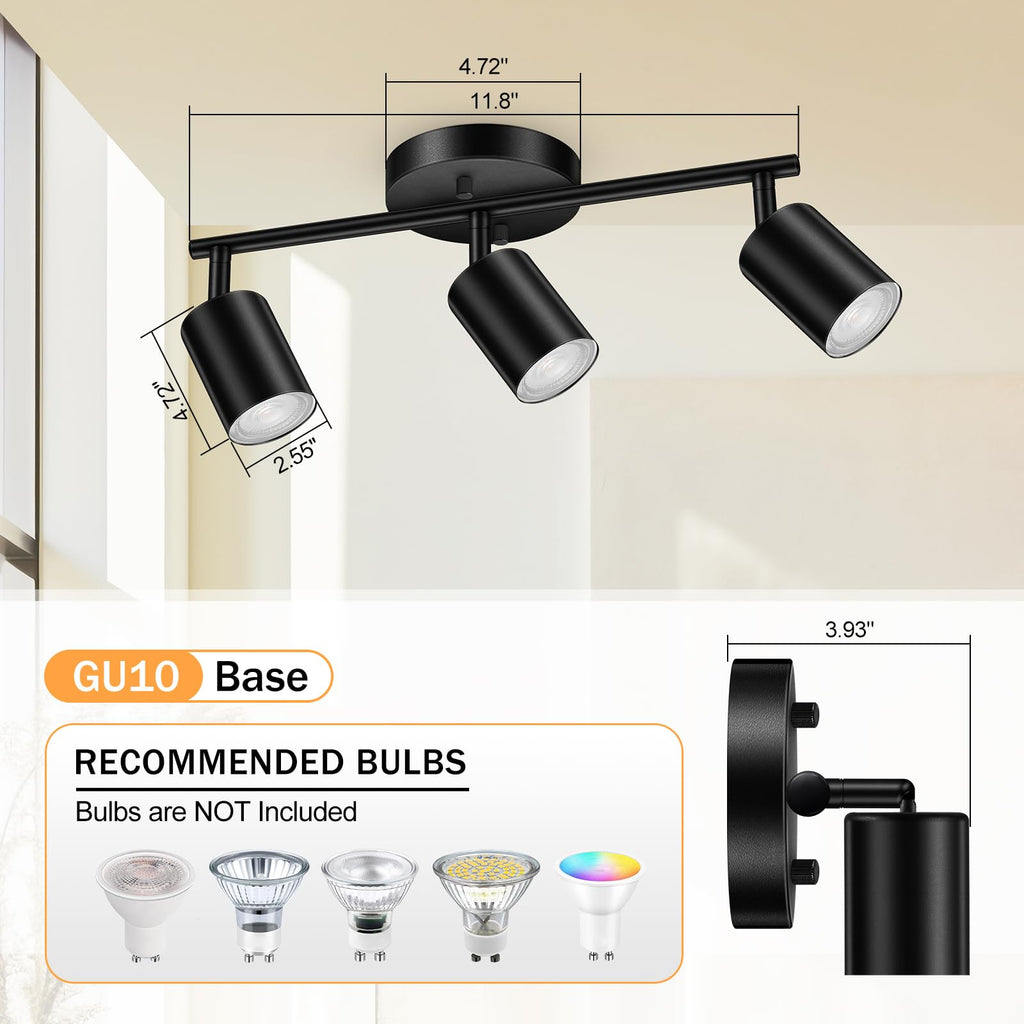 LED 3 Light Track Lighting Kit, Black 3 Way Ceiling Spot Lighting, Flexibly Rotatable Light Head, GU10 Bulb Not