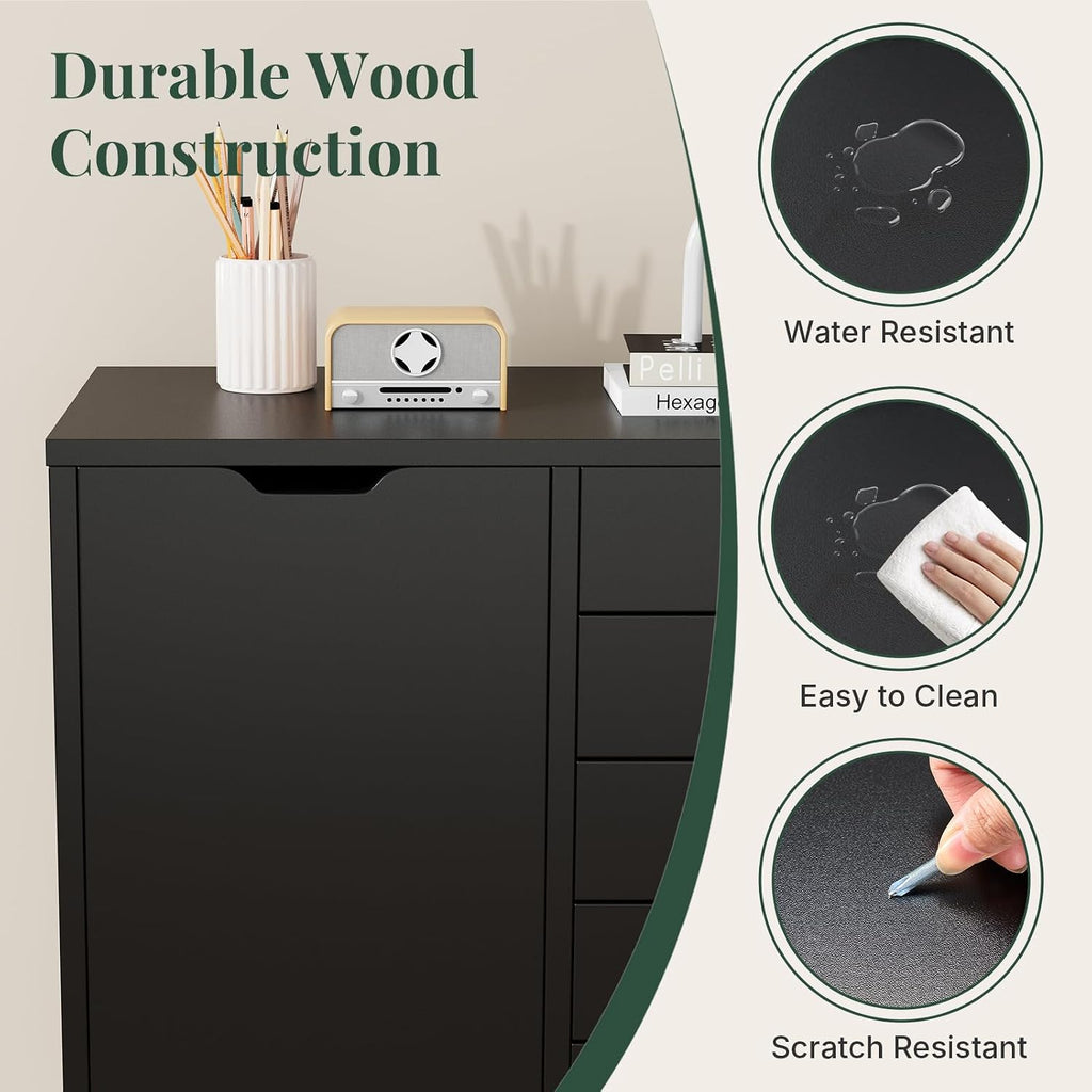 5-Drawer File Cabinet, Printer Stand with Storage, Black | Wood Under Desk with Organizer with Door and Adjustable