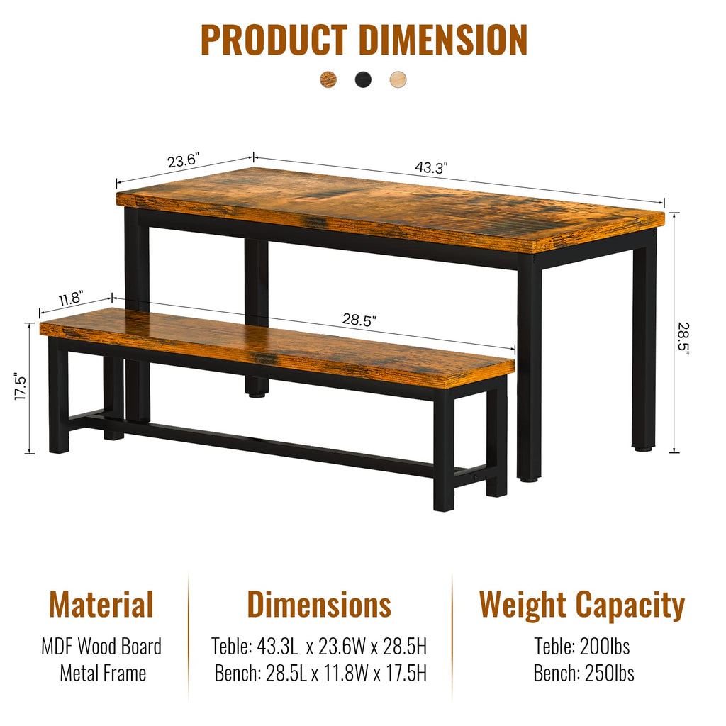 43.3" Stylish 3-Piece Dining Table Set for 4 with Bench - Compact Space-Saving Design, Durable & Easy Assembly s