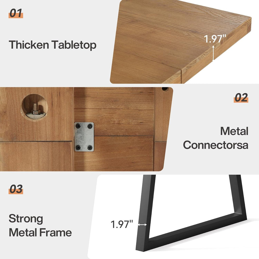 63" Industrial Dining Table for 4-6 People, Solid Wood Rectangular Kitchen Table with Heavy-Duty Metal Legs for Home