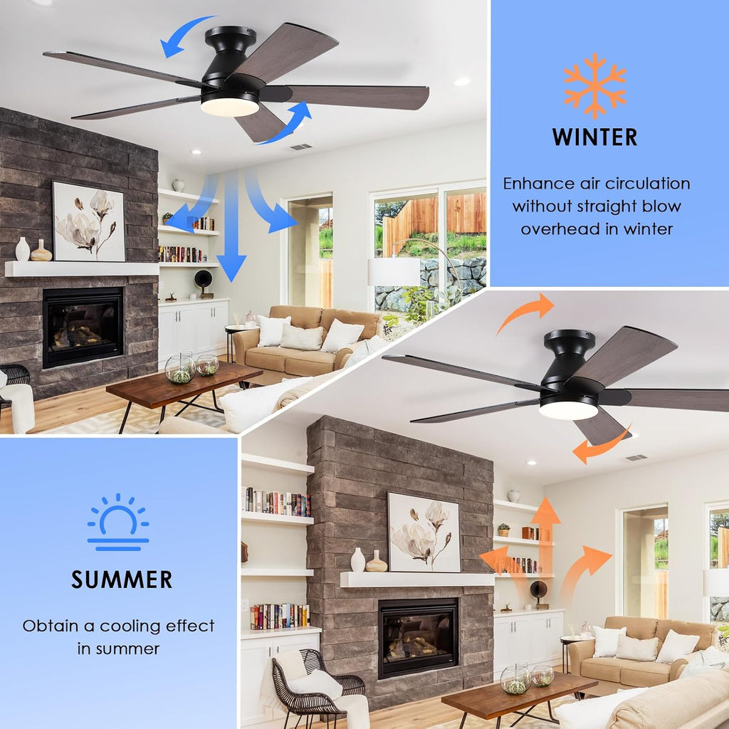 Flush Mount Ceiling Fan with Lights - 52” Indoor/Outdoor Ceiling Fan Light with Remote/APP, Low Profile Modern Fan Light with 6 Speeds, Dimming, for Living Room, Brown