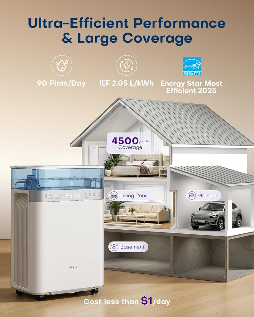 Dehumidifier for Basement with Pump, 2.11 Gallon Top-Mounted Water Tank, Max 90 Pint/D