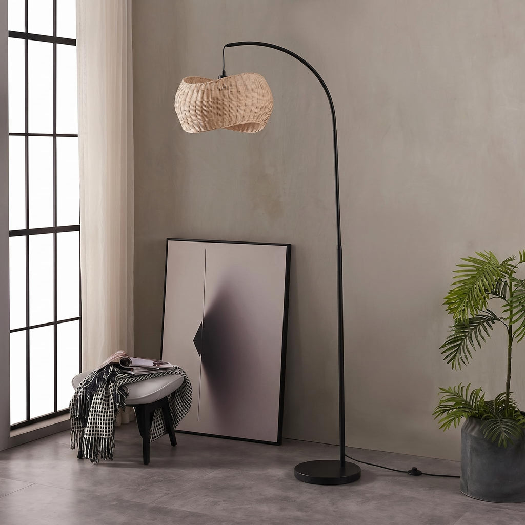 Wave Arc Floor Lamp - Chic Standing Lamp with Unique Hanging Wicker Pendant Shade, Boho Rattan Natural Decor Lamp