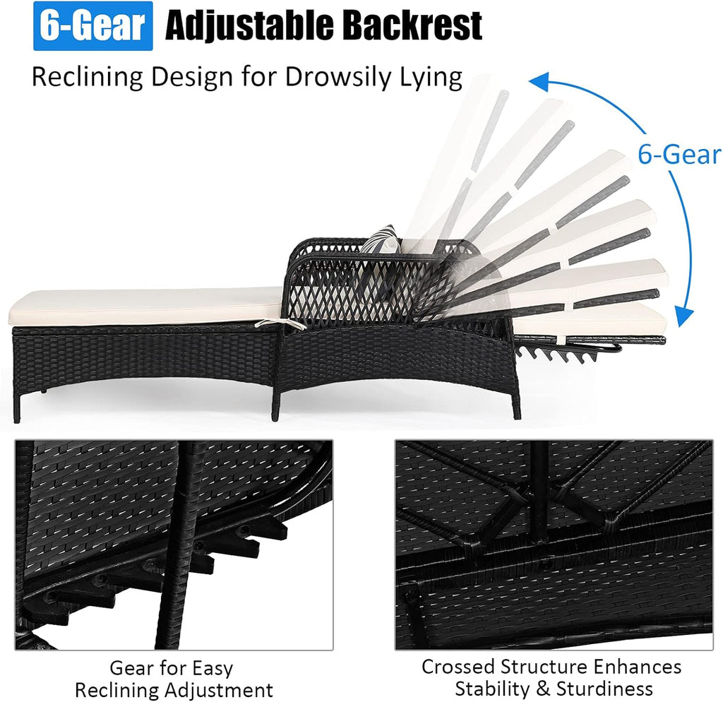 Wicker Chaise Lounge Outdoor, Patio Rattan Reclining Chaise with 6-Gear Adjustable Backrest