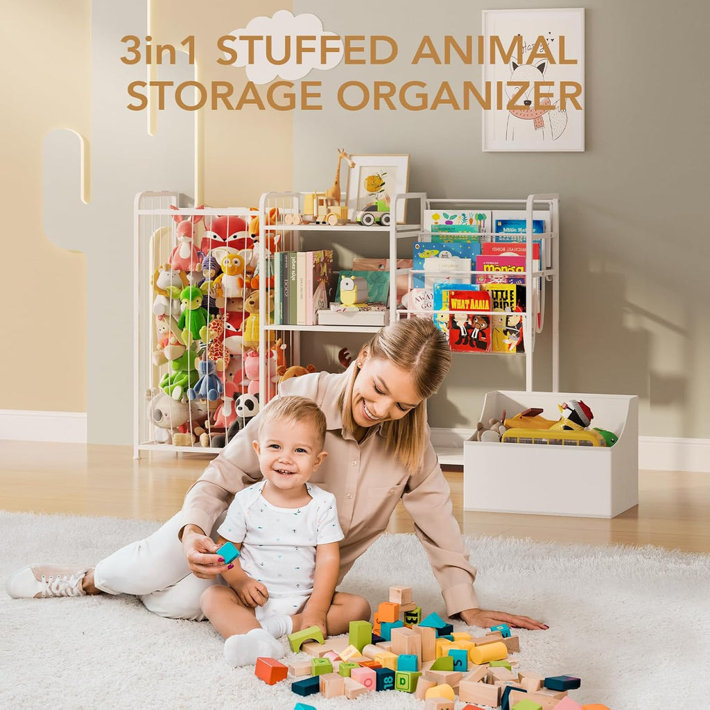 Kids Bookshelf and Toy Storage Organizer, 3-in-1 Toddler Montessori Bookcase with Stuffed Animal Storage & Movable