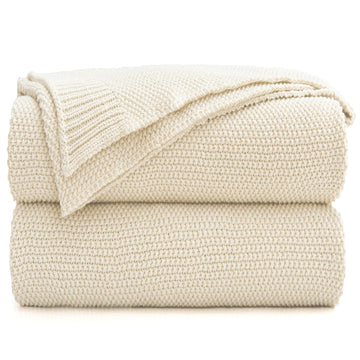 Cream Cotton Cable Knit Throw Blanket for Couch Sofa Bed, Home Decorative Throw Blanket for Couch, Lightweight Woven